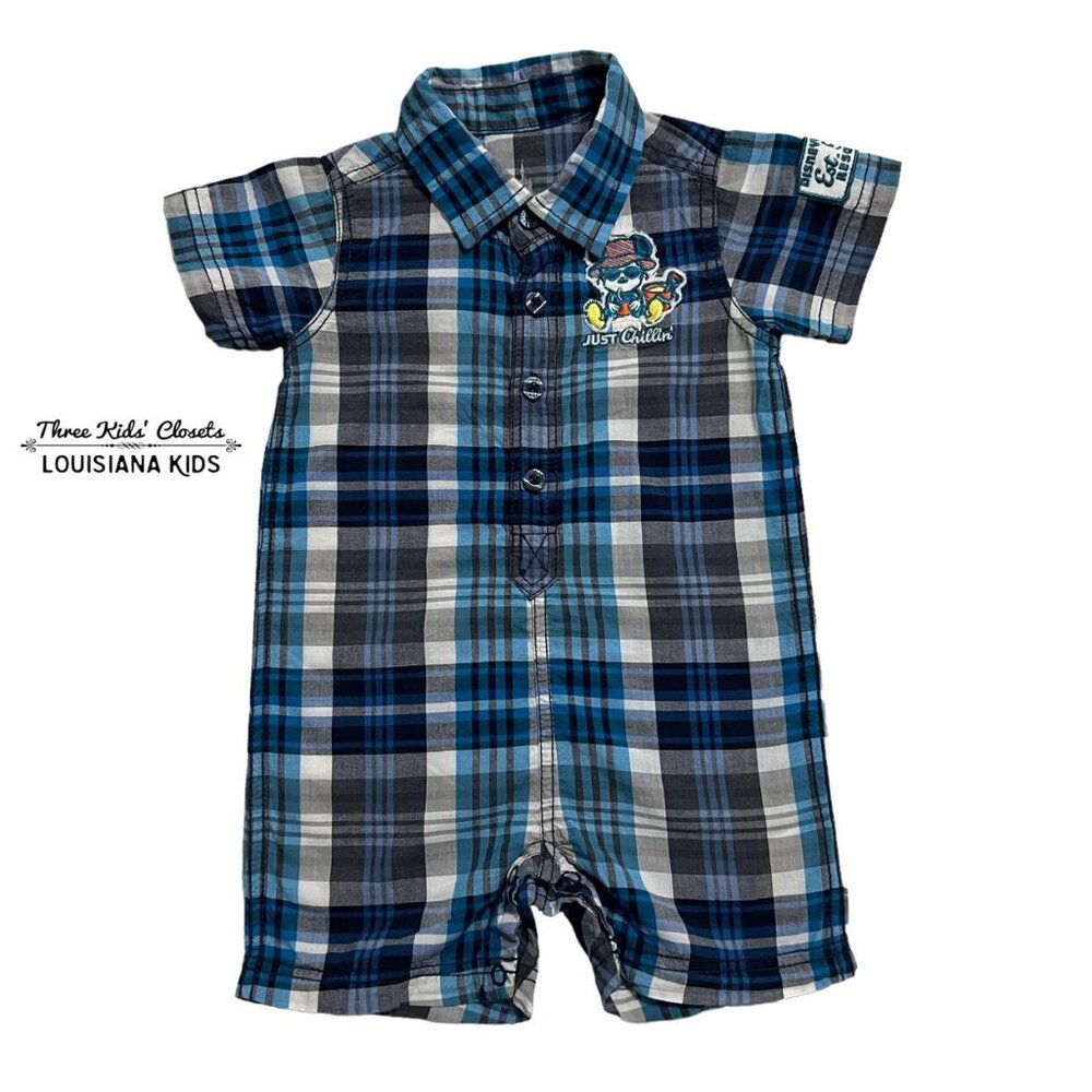 Disney Parks 6m Mickey Mouse Just Chillin' Plaid Romper